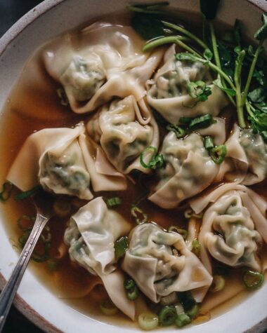 Watercress wonton soup close-up