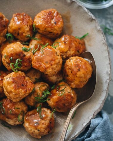 Glazed Chinese meatballs close-up