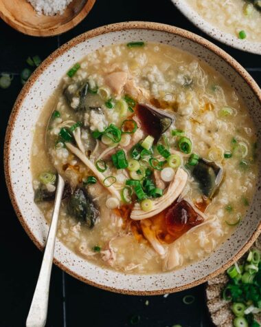 Homemade century egg congee with chicken topped with fried shallot