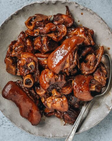 Braised pork trotters close up