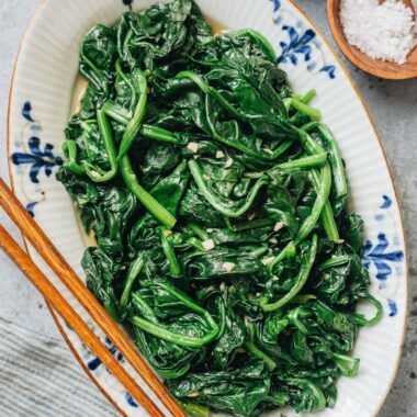Homemade spinach stir fry served on a plate